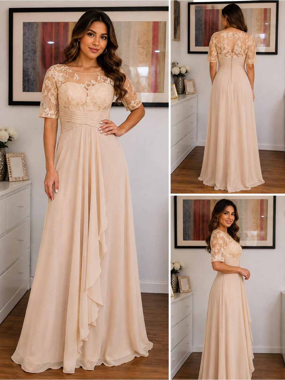 Elegant Lace Bodice Chiffon Evening Dress - Beige